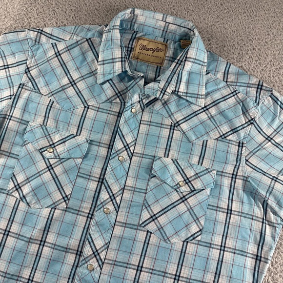Wrangler Western Shirt Mens Large Blue Plaid Pearl Snap Button Up‎ Lightweight - Picture 2 of 9